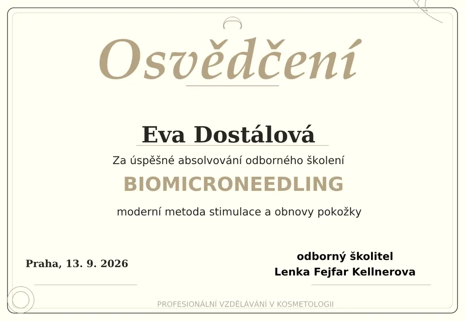 Osvědčení Evy Dostálové o absolvování školení Biomicroneedling