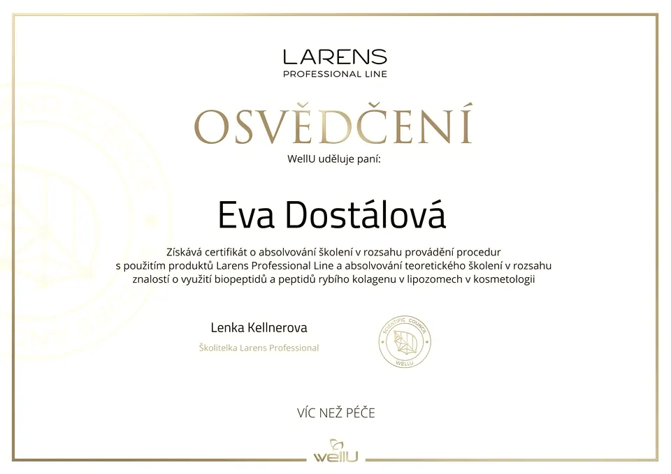 Osvědčení Evy Dostálové o školení s produkty Larens Professional Line