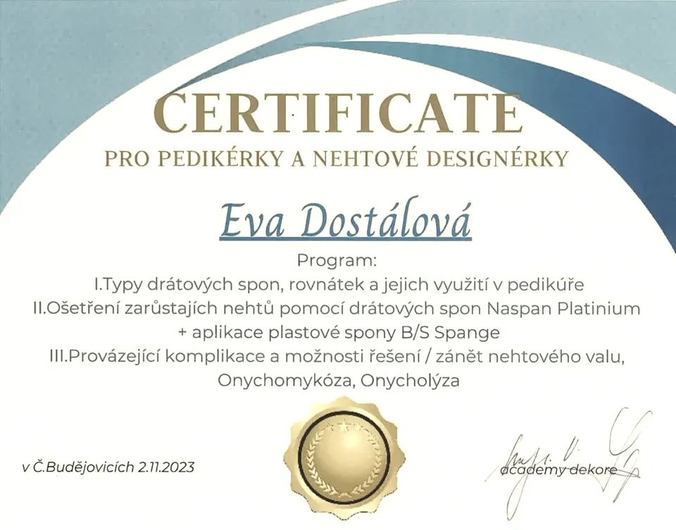 Certifikát Evy Dostálové pro pedikérky a nehtové designérky z roku 2023
